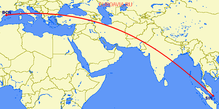 перелет Барселона — Сингапур на карте