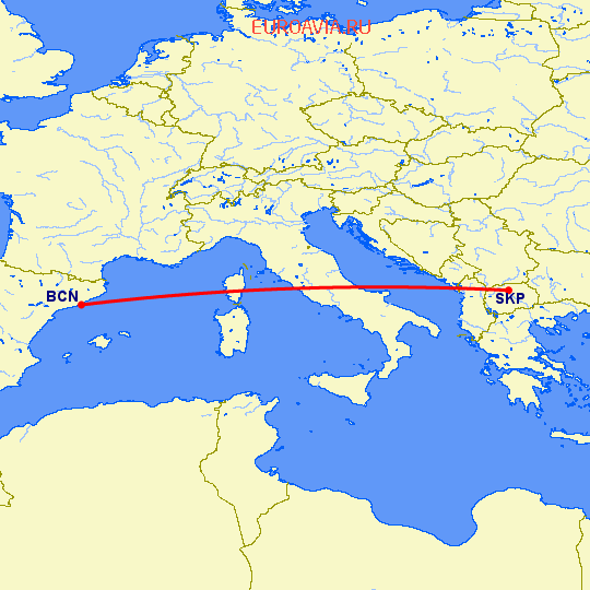 перелет Барселона — Скопье на карте
