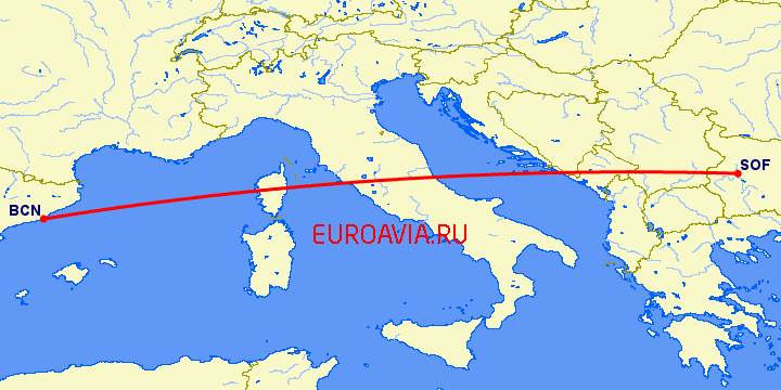 перелет Барселона — София на карте