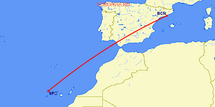 перелет Барселона — Санта Крус де Ла Пальма на карте