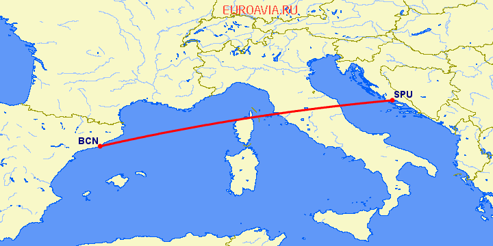 перелет Барселона — Сплит на карте