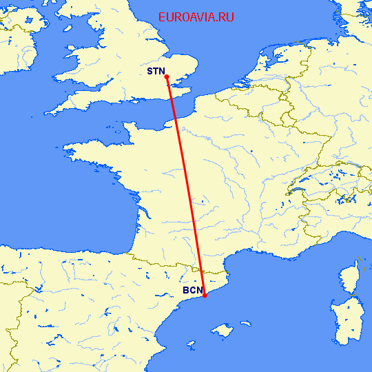 перелет Барселона — Лондон на карте
