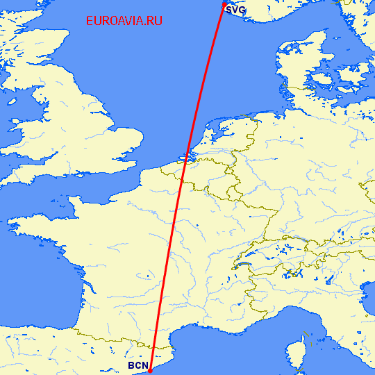 перелет Барселона — Ставангер на карте
