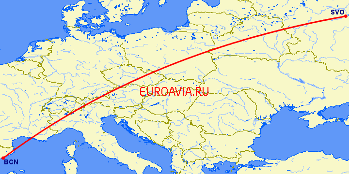 перелет Барселона — Москва на карте