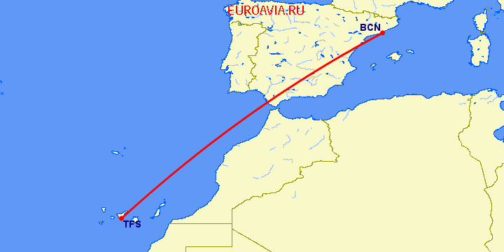 перелет Барселона — Тенерифе на карте