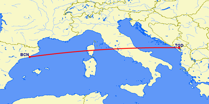 перелет Барселона — Подгорица на карте