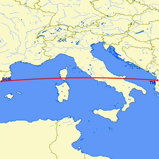 перелет Барселона — Тирана на карте
