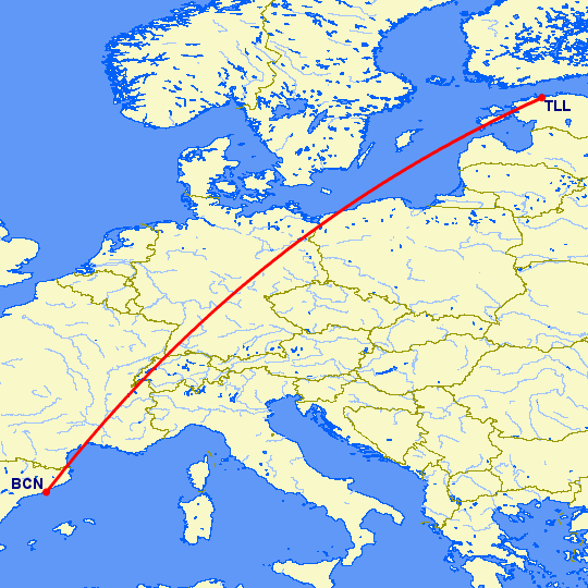 перелет Барселона — Таллин на карте