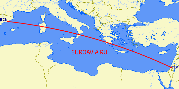 перелет Барселона — Тель Авив на карте