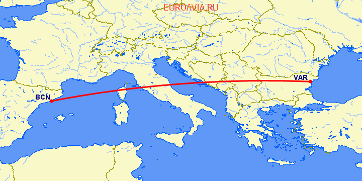 перелет Барселона — Варна на карте