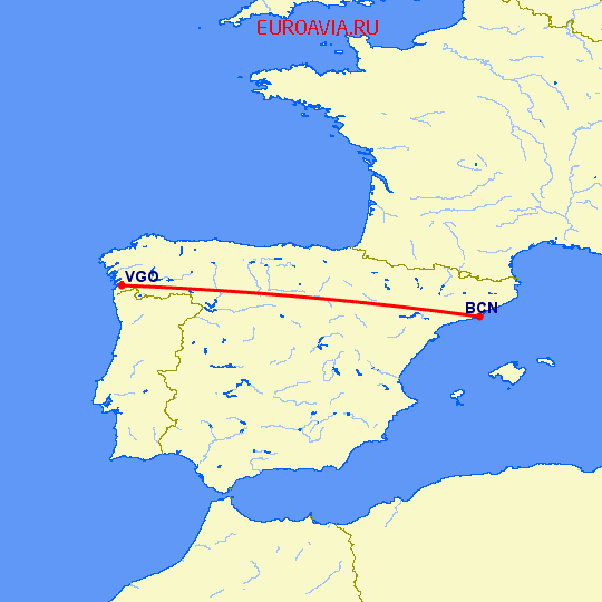 перелет Барселона — Виго на карте