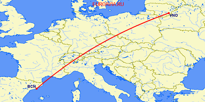 перелет Барселона — Вильнюс на карте