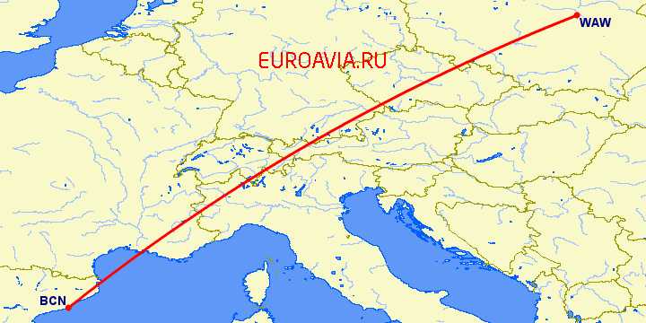 перелет Барселона — Варшава на карте