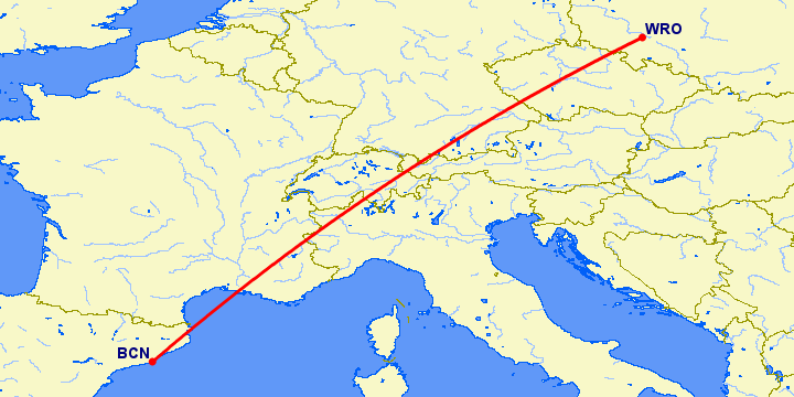 перелет Барселона — Вроцлав на карте