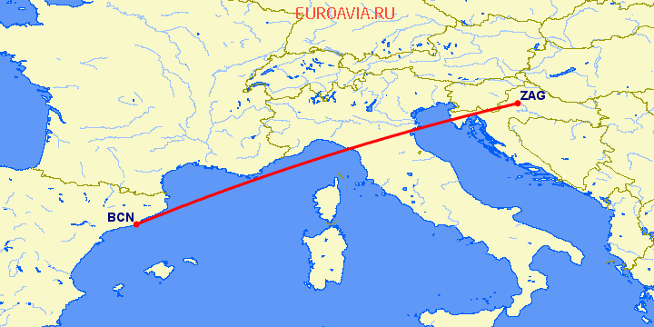 перелет Барселона — Загреб на карте