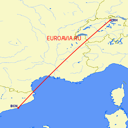 перелет Барселона — Цюрих на карте