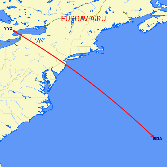 перелет Бермуда — Торонто на карте