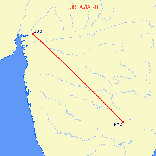 перелет Vadodara — Хидерабад на карте
