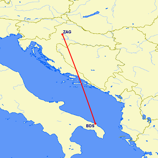 перелет Бриндизи — Загреб на карте