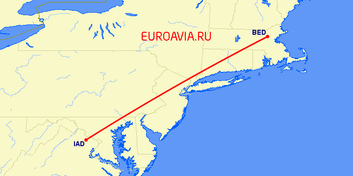 перелет Bedford-Hanscom — Вашингтон на карте