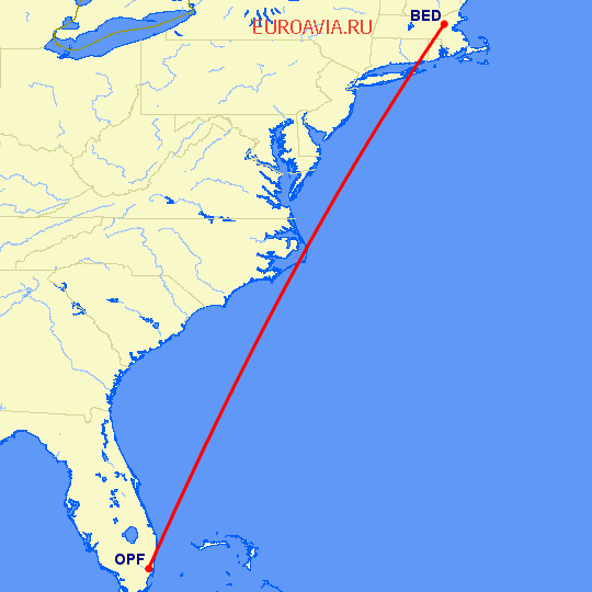 перелет Bedford-Hanscom — Майами на карте