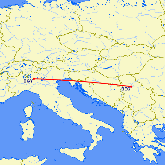 перелет Белград — Бергамо на карте