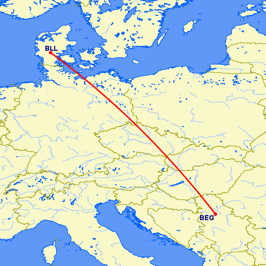 перелет Белград — Биллунд на карте