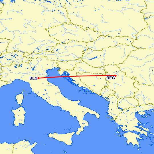 перелет Белград — Болонья на карте