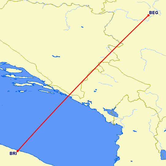 перелет Белград — Бари на карте