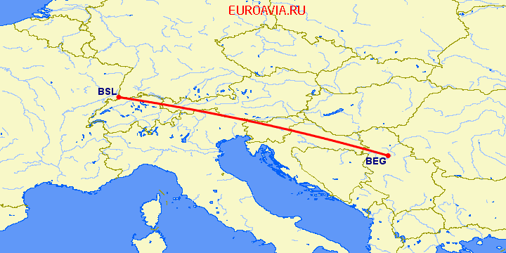 перелет Белград — Базель-Мюлуз на карте
