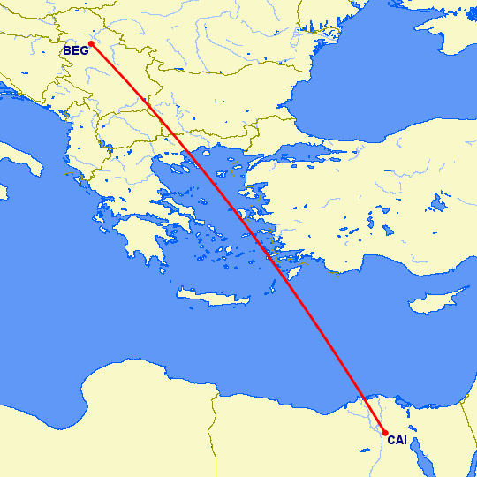 перелет Белград — Каир на карте