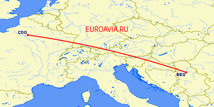 перелет Белград — Париж на карте