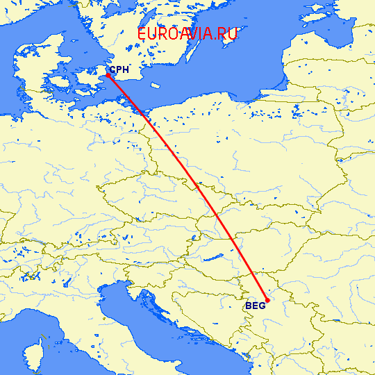 перелет Белград — Копенгаген на карте