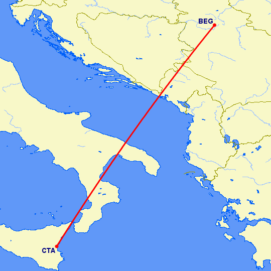 перелет Белград — Катания на карте