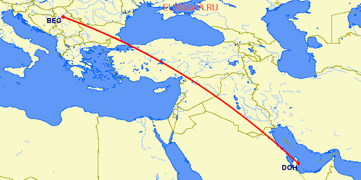 перелет Белград — Доха на карте