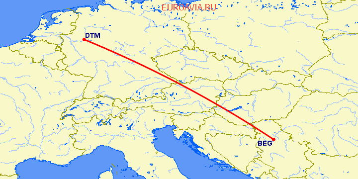 перелет Белград — Дортмунд на карте