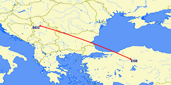 перелет Белград — Анкара на карте