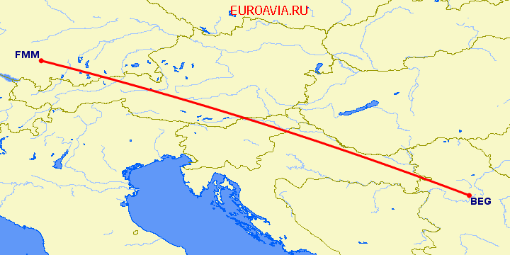 перелет Белград — Мемминген на карте