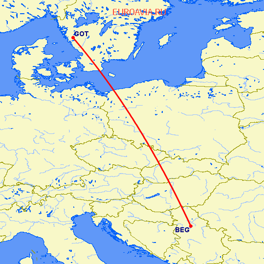перелет Белград — Гетеборг на карте