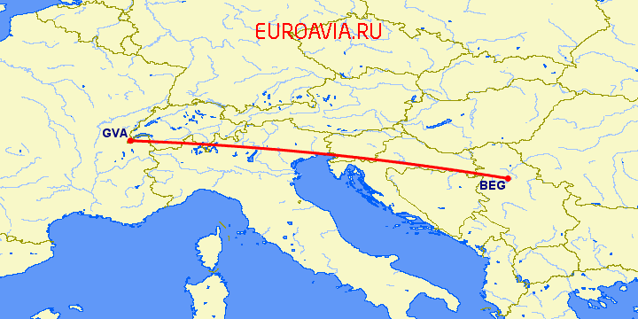 перелет Белград — Женева на карте