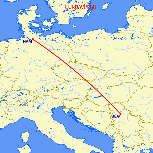 перелет Белград — Гамбург на карте