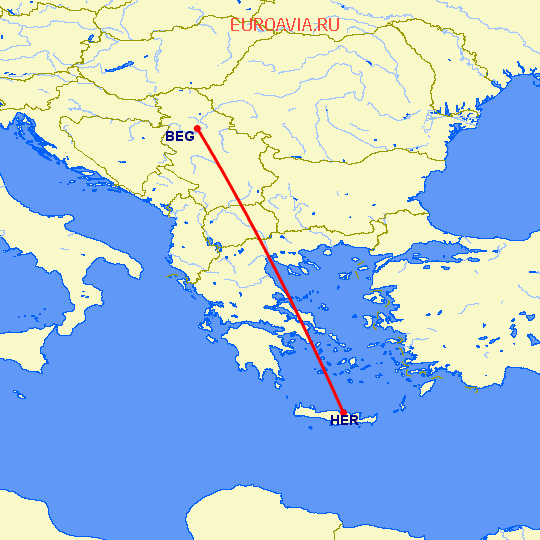 перелет Белград — Ираклион на карте