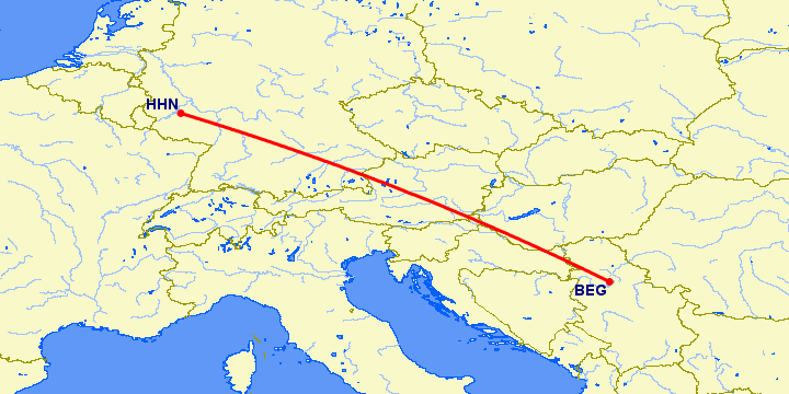 перелет Белград — Hahn на карте