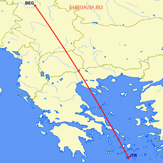 перелет Белград — Санторини на карте