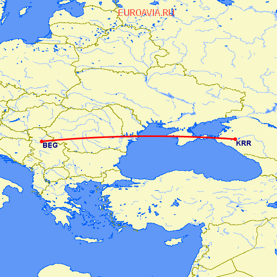 перелет Белград — Краснодар на карте