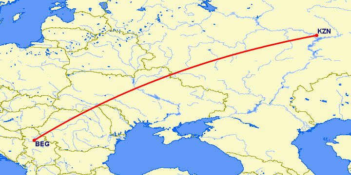 перелет Белград — Казань на карте