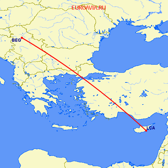 перелет Белград — Ларнака на карте