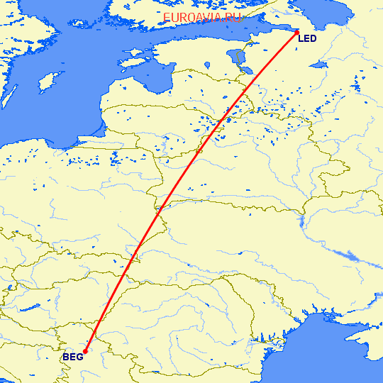 перелет Белград — Санкт Петербург на карте