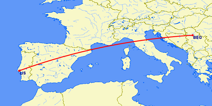 перелет Белград — Лиссабон на карте