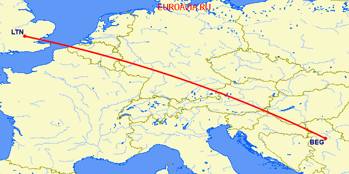 перелет Белград — Luton на карте